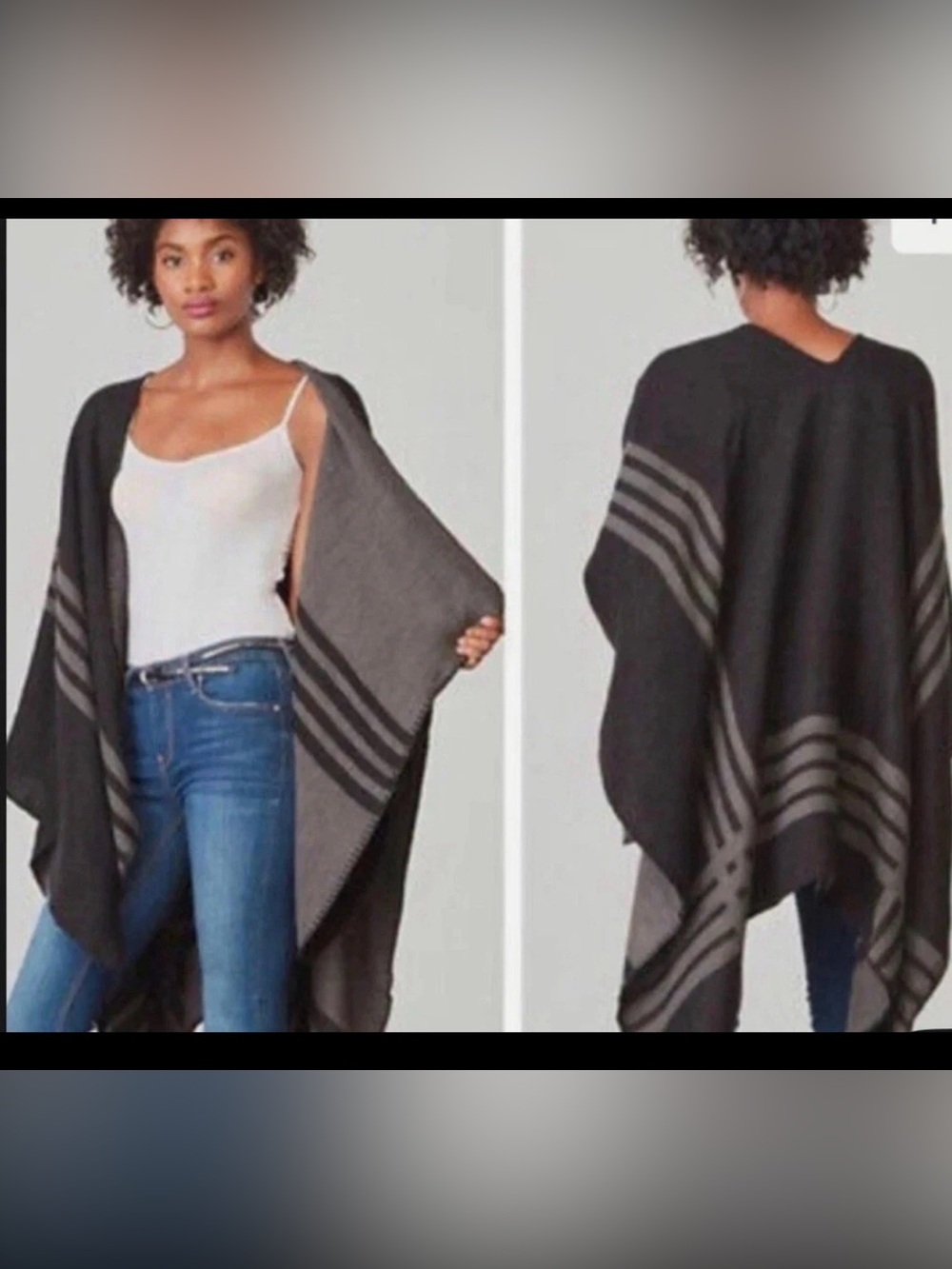 BB Dakota Reversible Black and Gray Striped Poncho